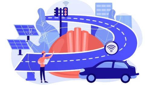 Building engineer and smart road using sensors and solar energy. Smart roads construction, smart highway technology, IoT city technology concept. Pinkish coral blue vector isolated illustration